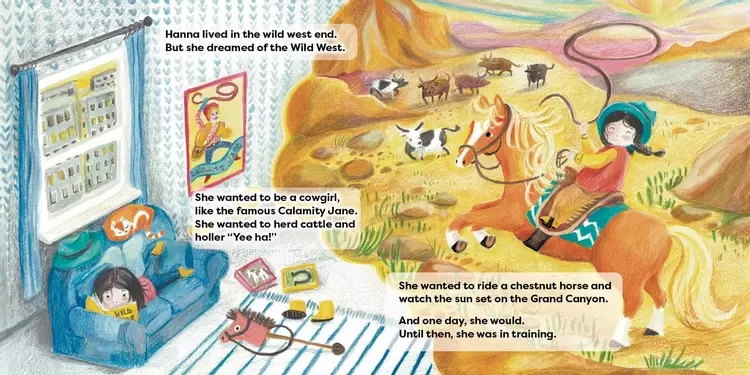 The highland cowgirl illustration, cowgirl illustration, horse illustration, girl dreaming of being a cowgirl
